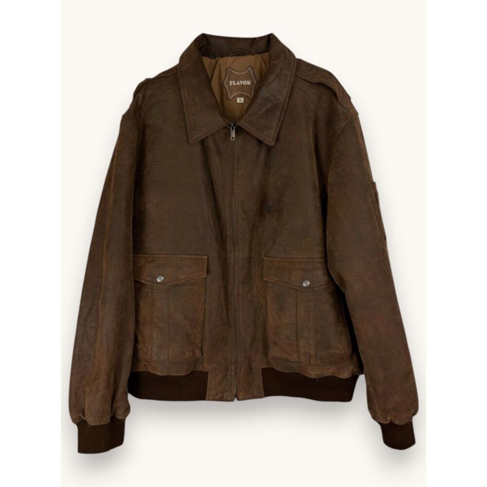 FLAVOR Men's Genuine Pigskin Leather Bomber Jacket Brown 3XL Utility Pockets
